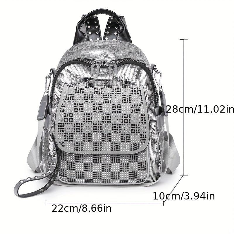 Sequins Backpack Purses Checkered Rhinestone Daypack Glitter Shoulder Bag