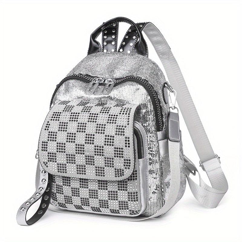Sequins Backpack Purses Checkered Rhinestone Daypack Glitter Shoulder Bag