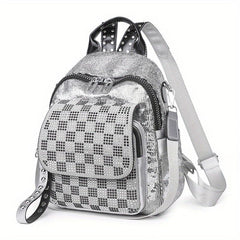 Sequins Backpack Purses Checkered Rhinestone Daypack Glitter Shoulder Bag