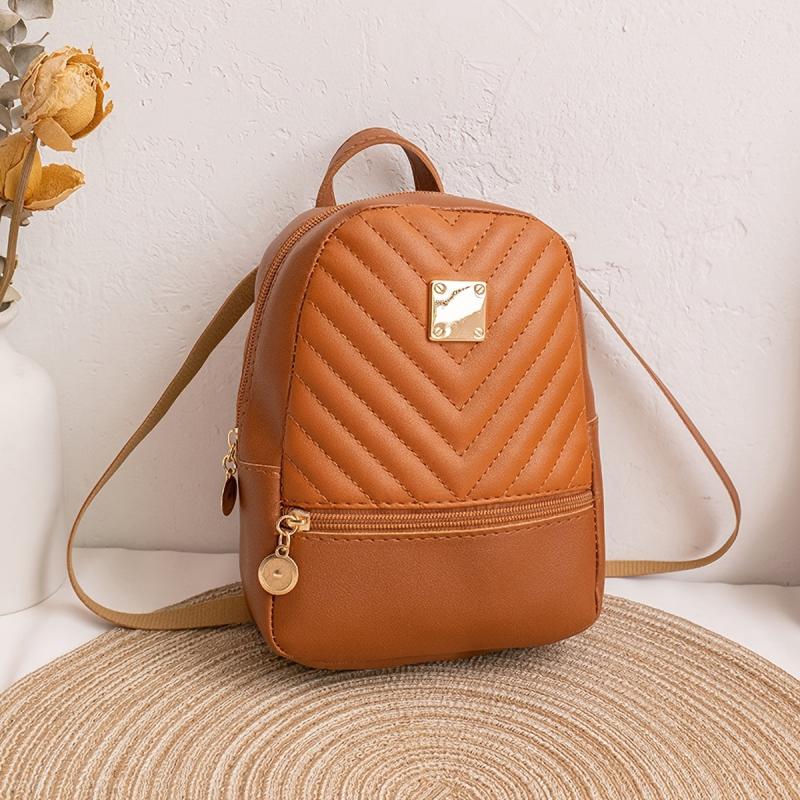 Quilted Small Backpack Women's Faux Leather Zipper Backpack