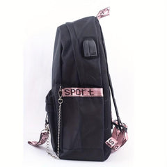 Kpop Canvas Backpack Casual Floral Print School Bag Chain Decor