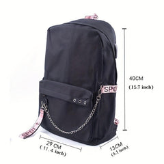 Kpop Canvas Backpack Casual Floral Print School Bag Chain Decor
