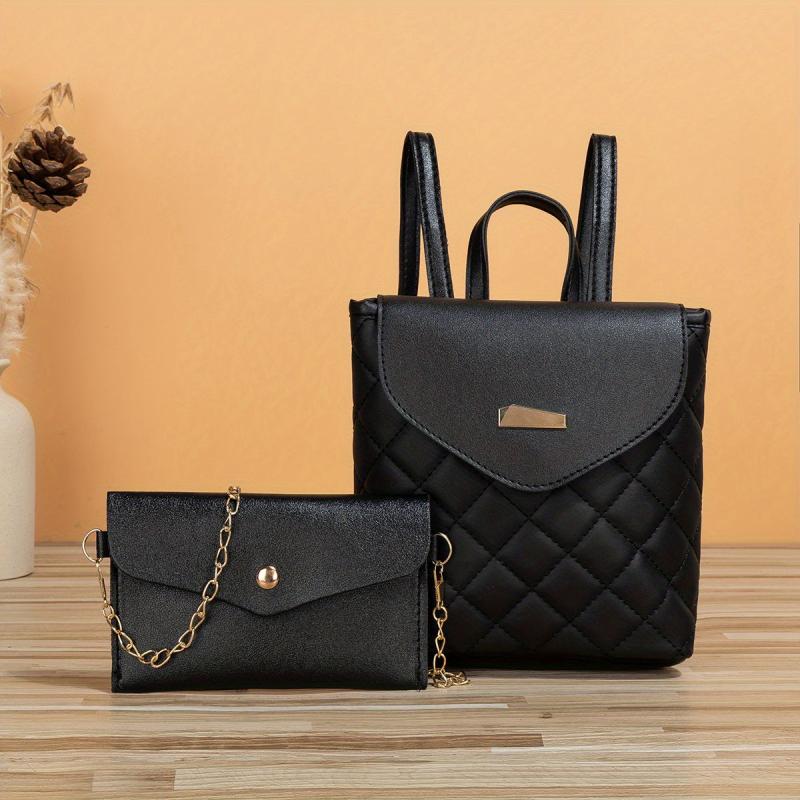 2 Pcs Solid Bag Sets Minimalist Backpack & Shoulder Chain Bag