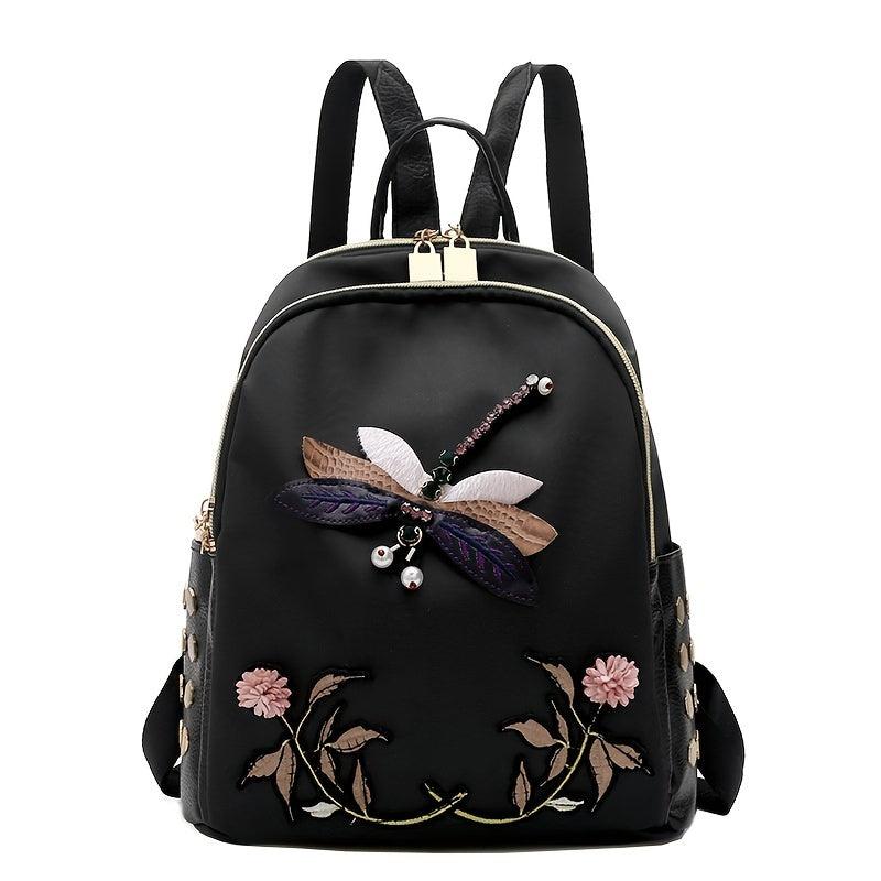Dragonfly Embroidery Backpack Women's Floral Pattern Bookbag