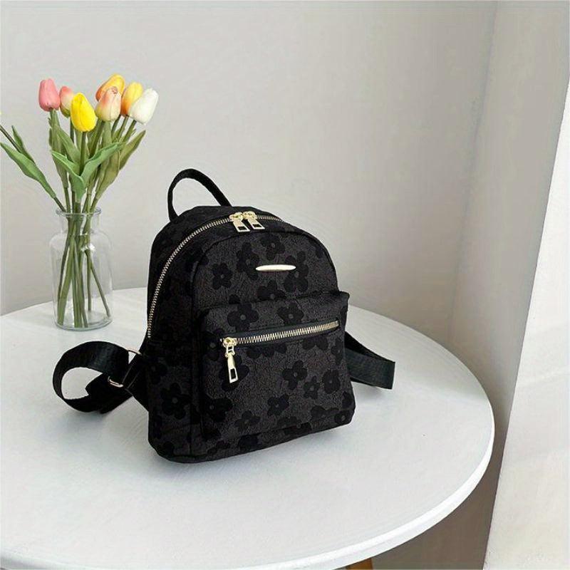 Mini Flower Jacquard Backpack Canvas School Bag Women's Sweet Daypack