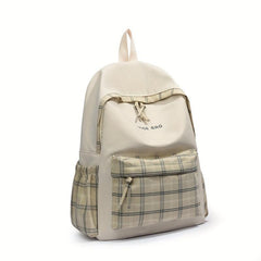 Khaki Plaid Pattern Backpack College Large Capacity School Bag