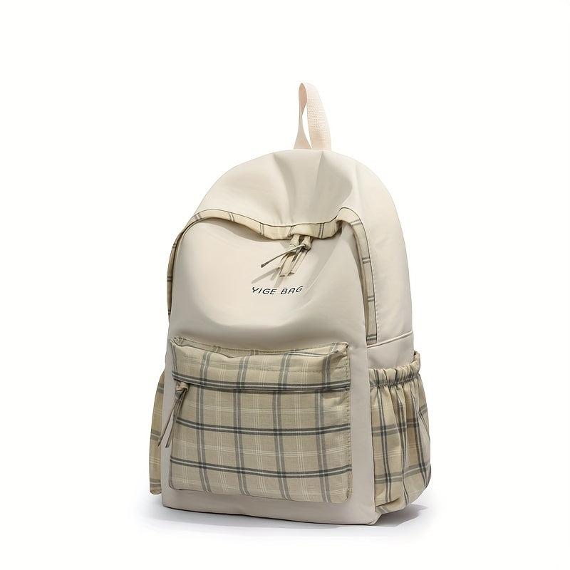 Khaki Plaid Pattern Backpack College Large Capacity School Bag