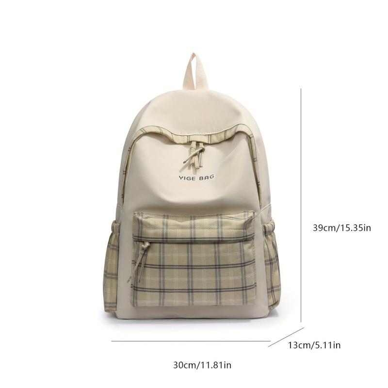 Khaki Plaid Pattern Backpack College Large Capacity School Bag