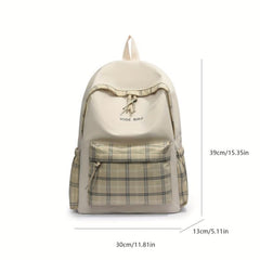 Khaki Plaid Pattern Backpack College Large Capacity School Bag