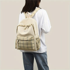 Khaki Plaid Pattern Backpack College Large Capacity School Bag