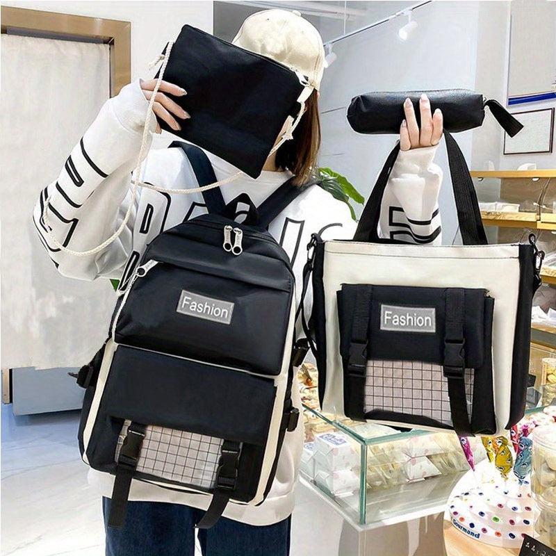 4pc Plaid Pattern Backpack Set Lightweight Travel Schoolbag Tote Crossbody Penci