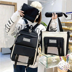 4pc Plaid Pattern Backpack Set Lightweight Travel Schoolbag Tote Crossbody Penci