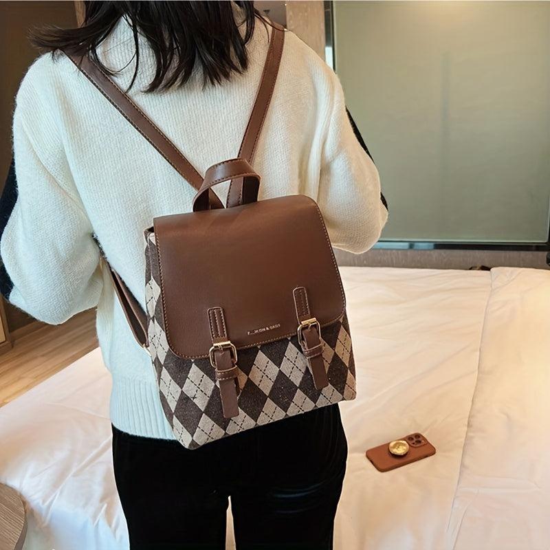Vintage Argyle Print Backpack Large Capacity Travel Knapsack