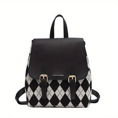 Vintage Argyle Print Backpack Large Capacity Travel Knapsack