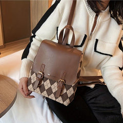 Vintage Argyle Print Backpack Large Capacity Travel Knapsack