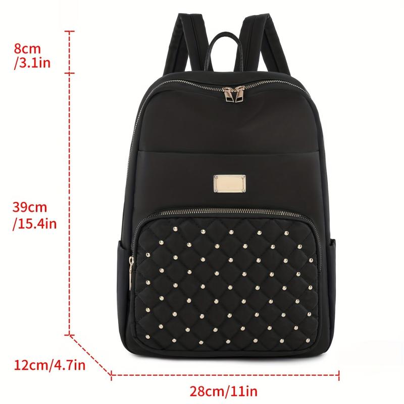 Studded Decor Backpack Quilted Schoolbag Lightweight Travel Daypack