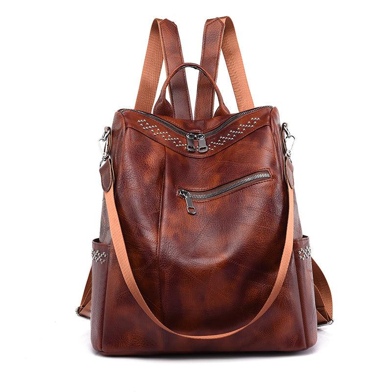Vintage Studded Zipper Backpack Women's Faux Leather Shoulder Bag