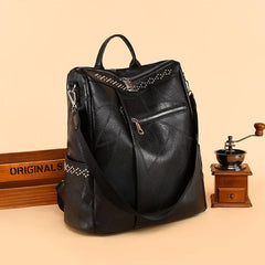 Vintage Studded Zipper Backpack Women's Faux Leather Shoulder Bag