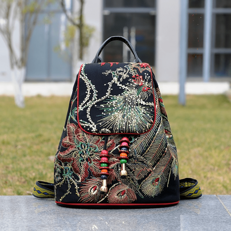 Phoenix Sequin Embroidered Canvas Drawstring Backpack