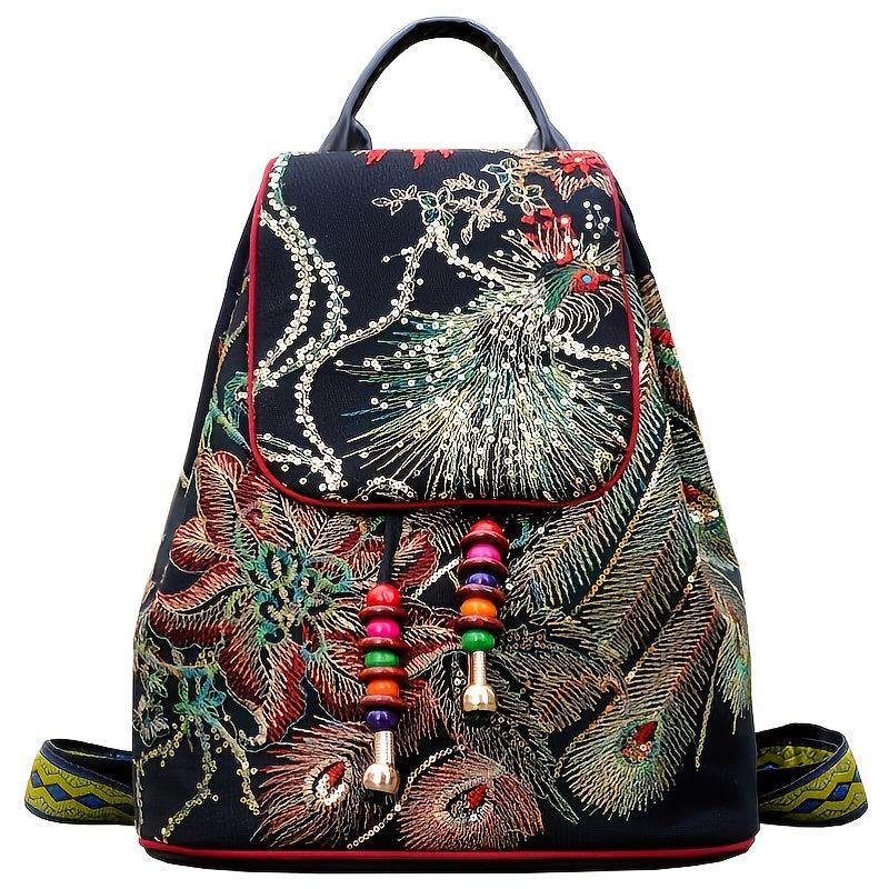 Phoenix Sequin Embroidered Canvas Drawstring Backpack