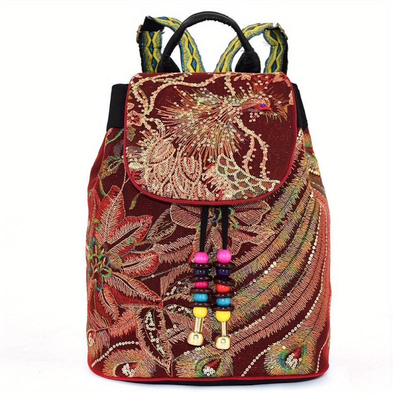 Phoenix Sequin Embroidered Canvas Drawstring Backpack