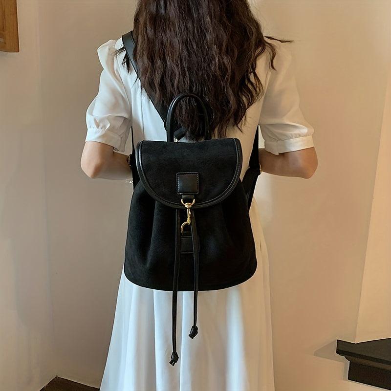 Suede Flap Backpack Drawstring Daypack Rucksack for Work & Travel