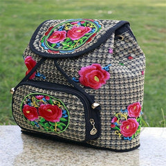 Flower Embroidered Backpack Ethnic Style Daypack Drawstring Bag