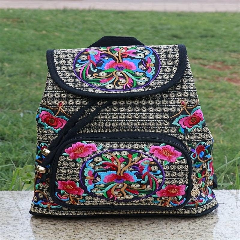 Flower Embroidered Backpack Ethnic Style Daypack Drawstring Bag