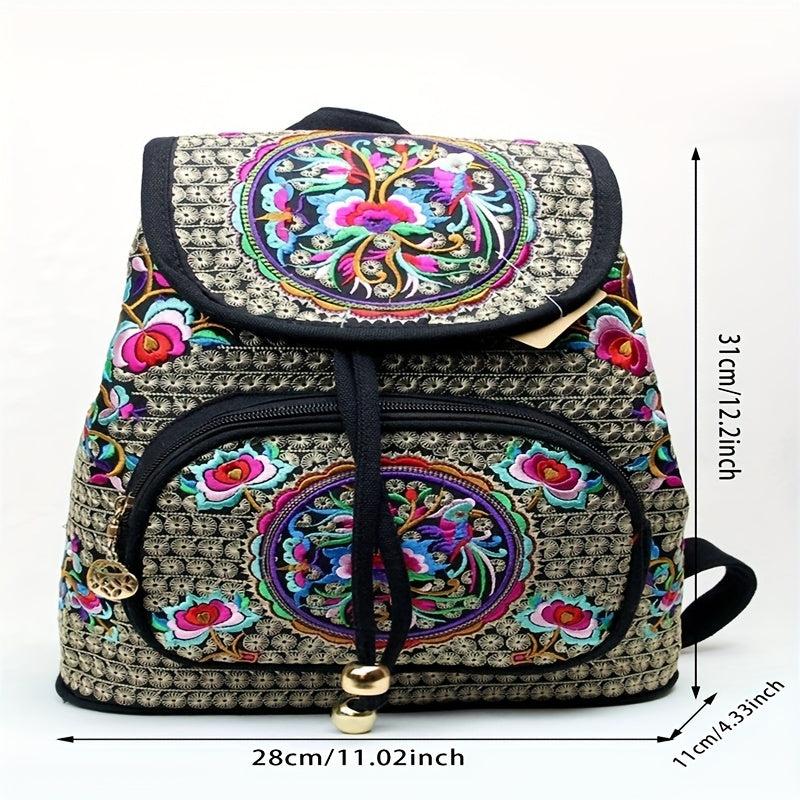 Flower Embroidered Backpack Ethnic Style Daypack Drawstring Bag