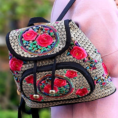Flower Embroidered Backpack Ethnic Style Daypack Drawstring Bag