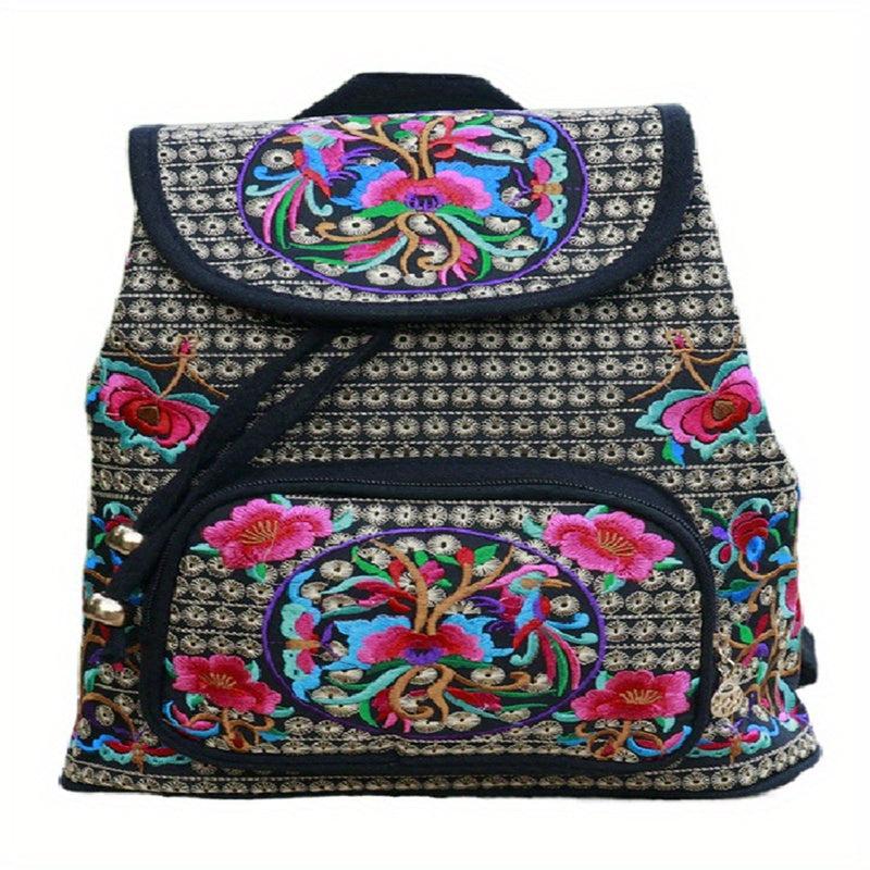 Flower Embroidered Backpack Ethnic Style Daypack Drawstring Bag