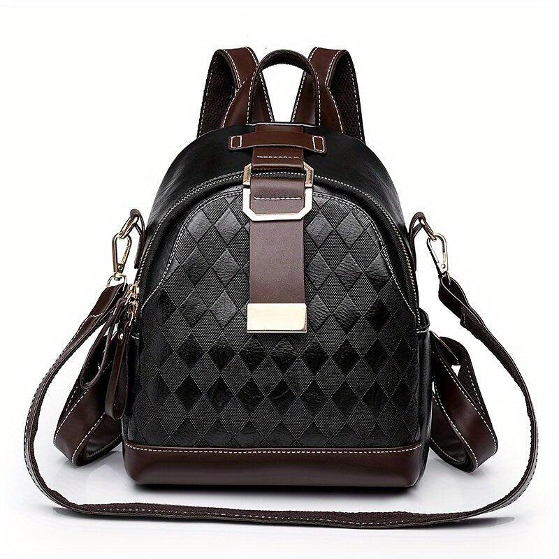 Small Rhombus Pattern Retro Backpack PU Leather Textured School Travel Bag