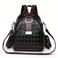 Small Rhombus Pattern Retro Backpack PU Leather Textured School Travel Bag