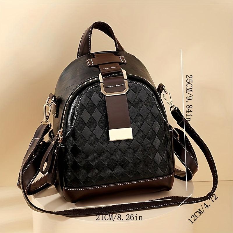 Small Rhombus Pattern Retro Backpack PU Leather Textured School Travel Bag