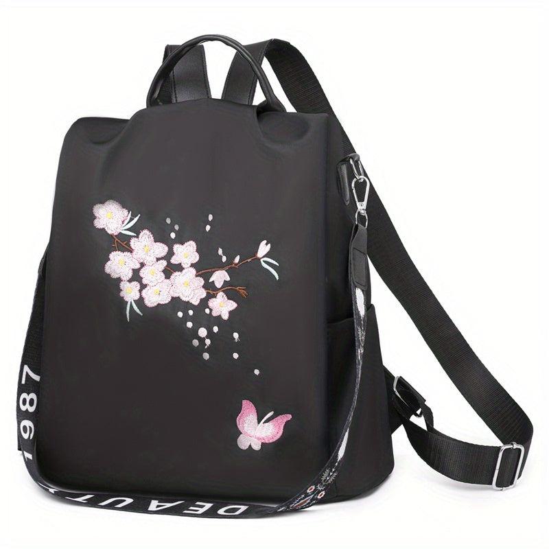 Women's Embroidered Backpack Zipper Rucksack