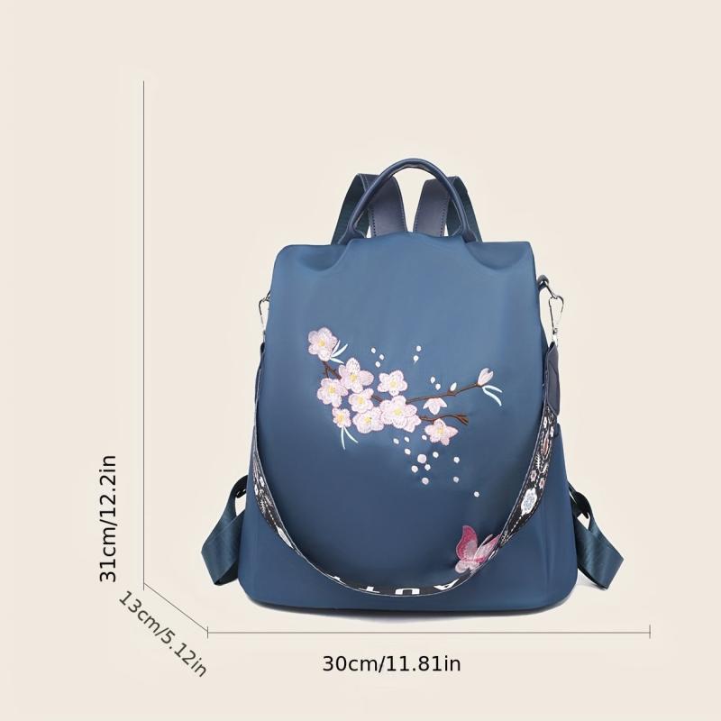 Women's Embroidered Backpack Zipper Rucksack