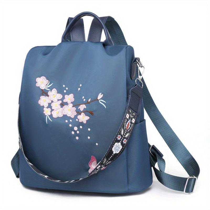 Women's Embroidered Backpack Zipper Rucksack