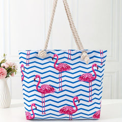 Flamingo & Wave Line Print Beach Bag Oversized Shopping Bag For Women Girls