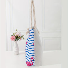Flamingo & Wave Line Print Beach Bag Oversized Shopping Bag For Women Girls