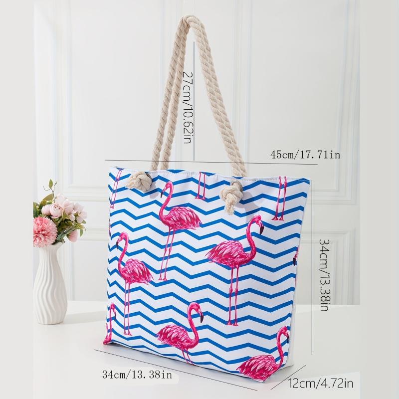 Flamingo & Wave Line Print Beach Bag Oversized Shopping Bag For Women Girls