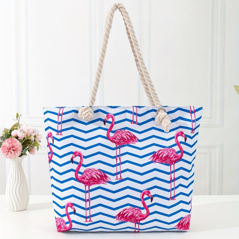 Flamingo & Wave Line Print Beach Bag Oversized Shopping Bag For Women Girls