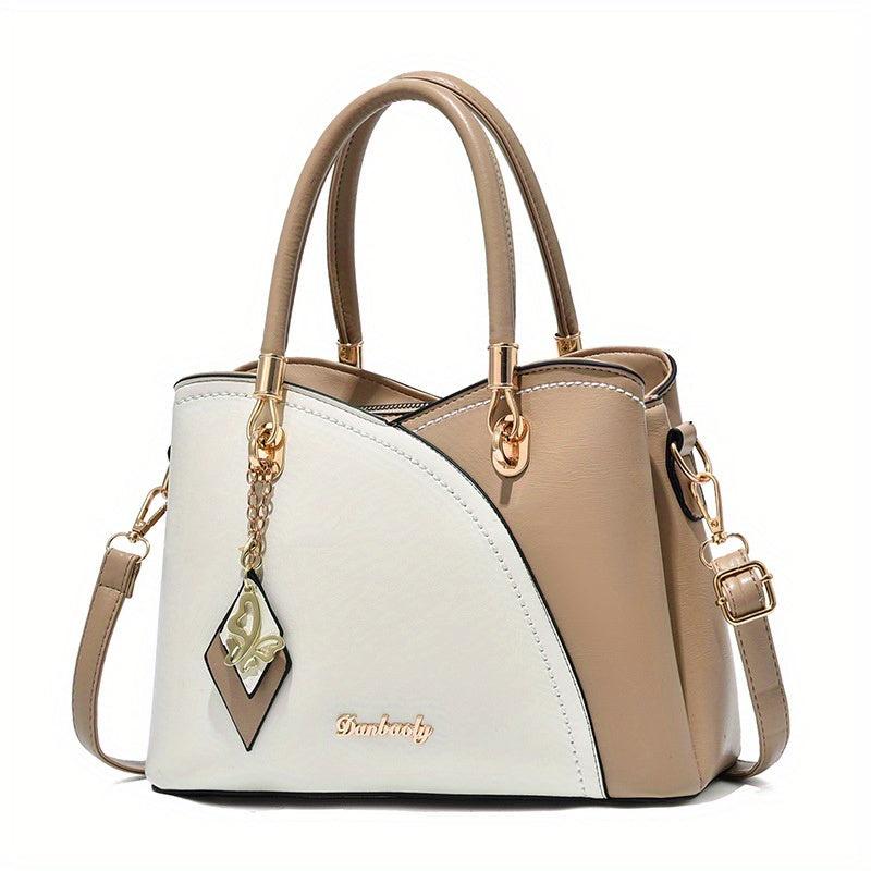 Colorblock Crossbody Bag Two Tone Office Work Purse w/ Charm