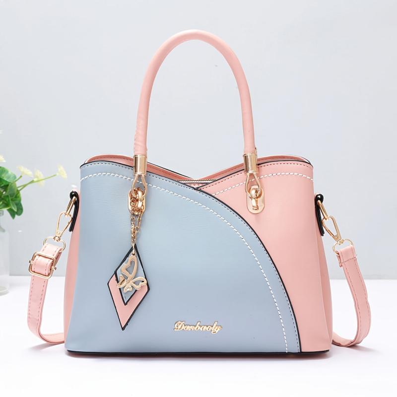 Colorblock Crossbody Bag Two Tone Office Work Purse w/ Charm
