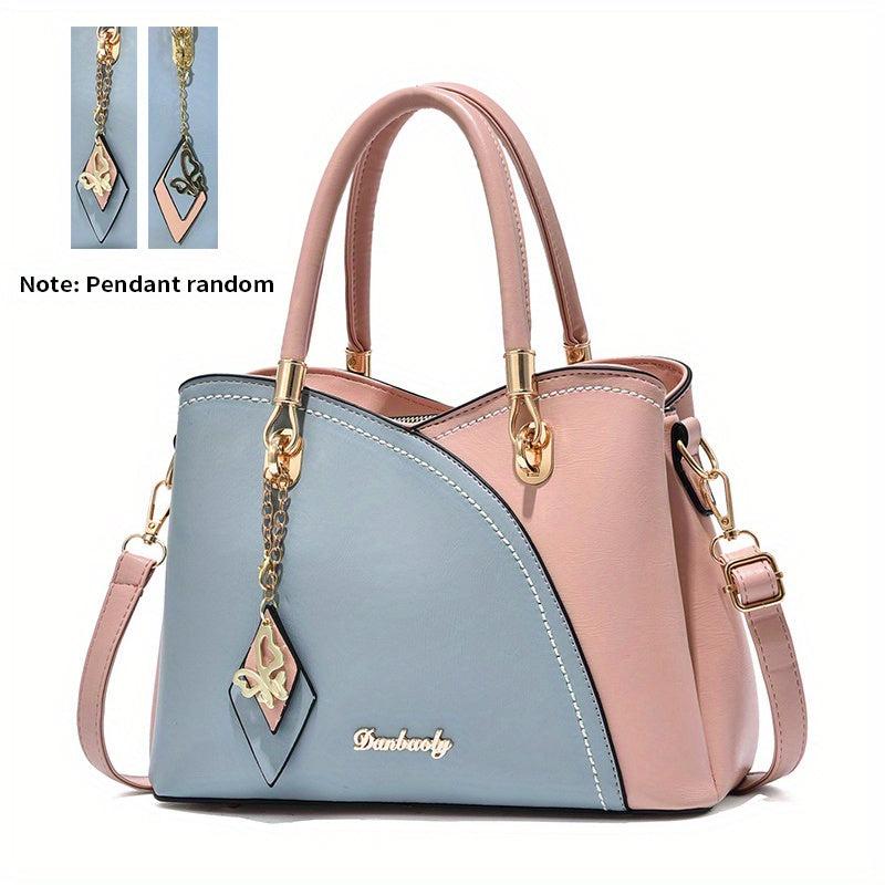 Colorblock Crossbody Bag Two Tone Office Work Purse w/ Charm