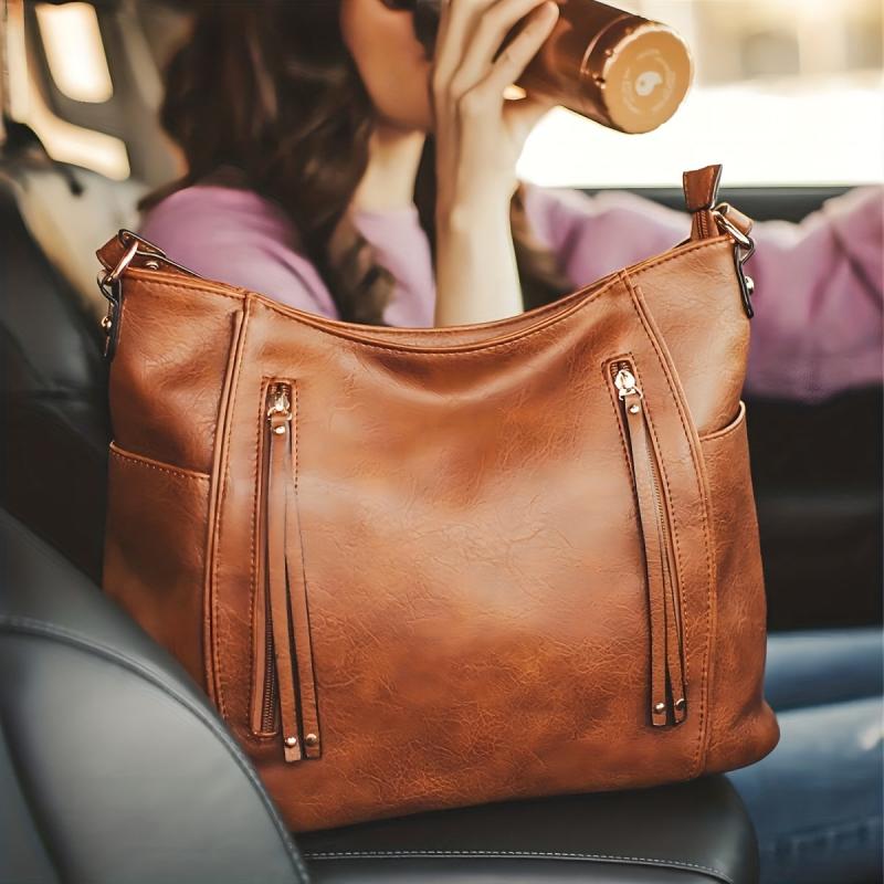 Large Retro Hobo Bag Solid Faux Leather Shoulder Bag Women's Handbag