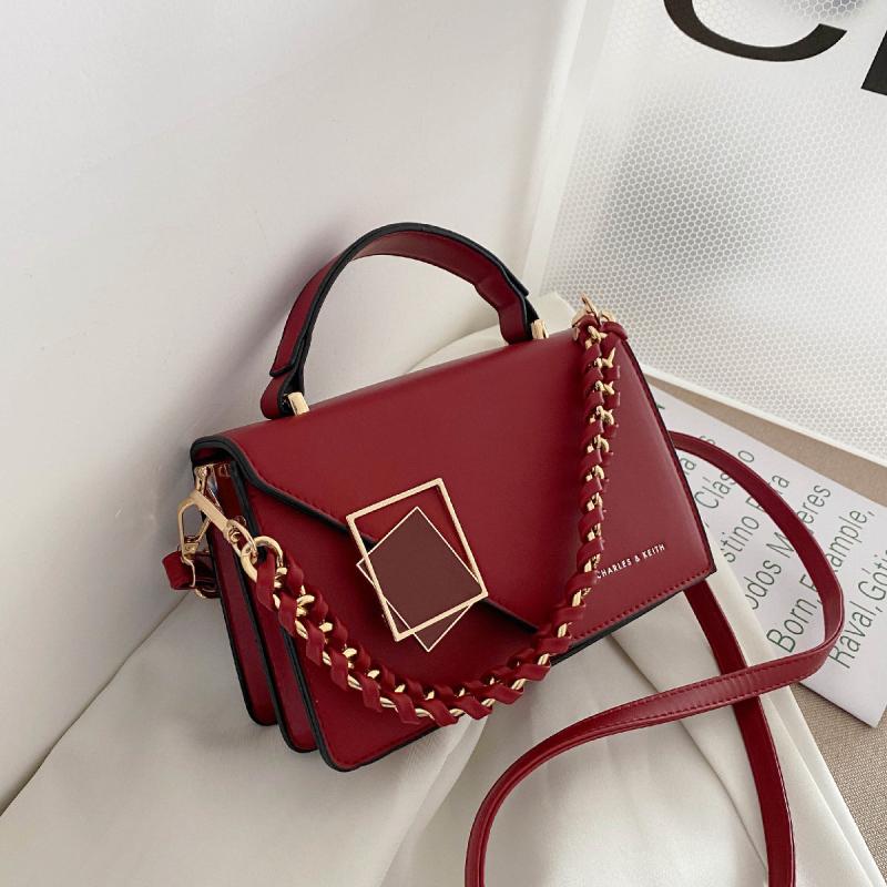 Faux Leather Crossbody Bag Mini Chain Flap Purse Metal Decor Square Handbag