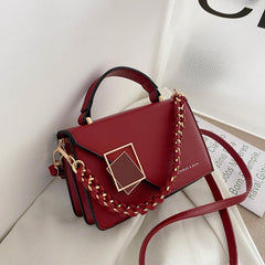 Faux Leather Crossbody Bag Mini Chain Flap Purse Metal Decor Square Handbag