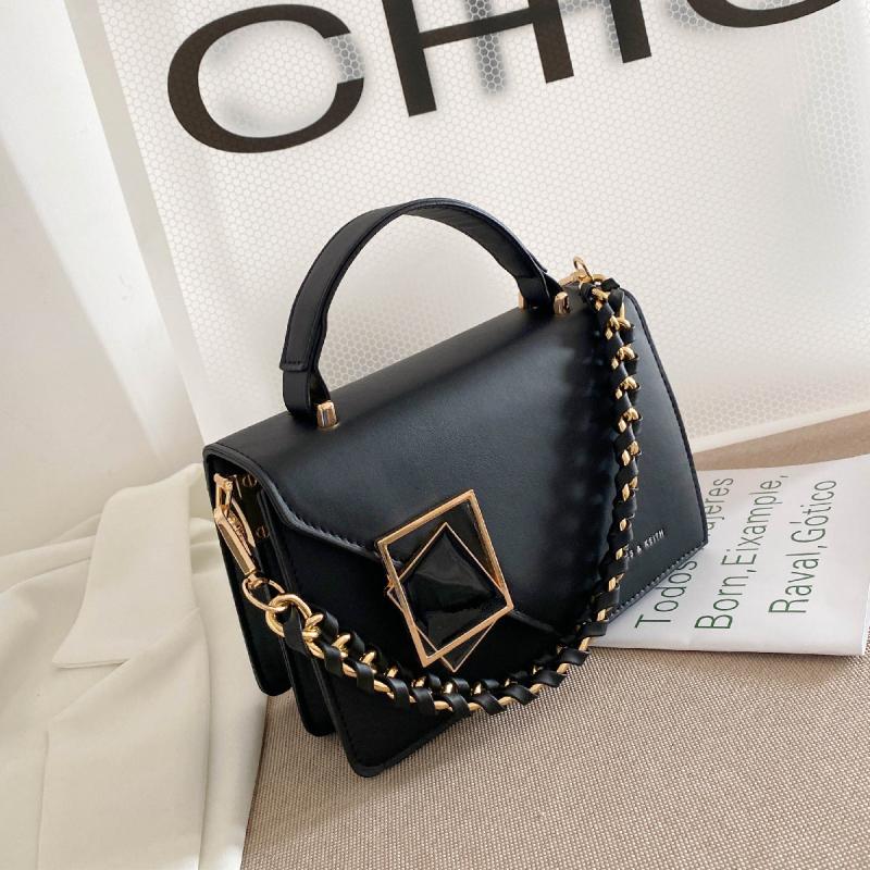 Faux Leather Crossbody Bag Mini Chain Flap Purse Metal Decor Square Handbag