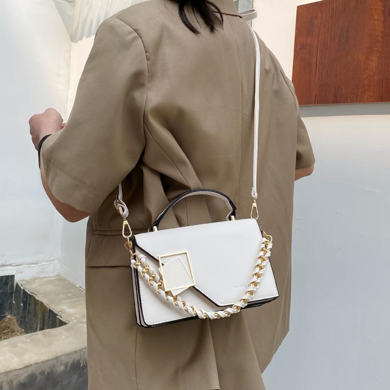 Faux Leather Crossbody Bag Mini Chain Flap Purse Metal Decor Square Handbag