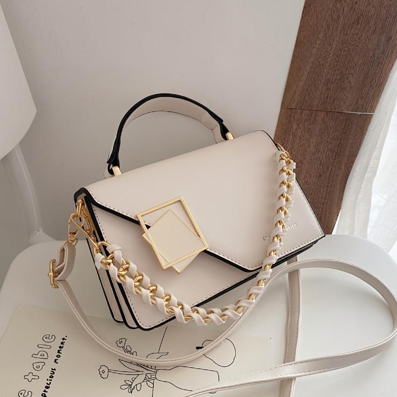 Faux Leather Crossbody Bag Mini Chain Flap Purse Metal Decor Square Handbag